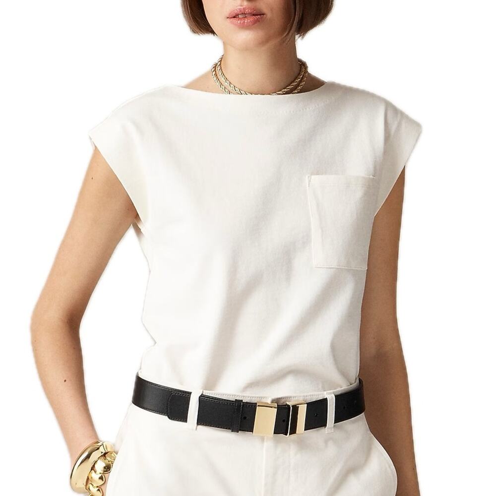 J. Crew Neutral Ivory Cotton Mariner Jersey Boat Neck Muscle T Shirt with Pocket
